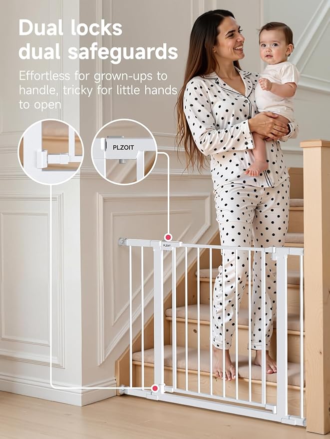 29.5-40.5" Baby Gate for Stairs, Dog Gate for Doorways, Walk Thru Auto Close Metal Baby Safety Gate for The House, Stairs and Doorways, Child Gate Pressure Mounted, Pet Gate for Dog Indoor - White