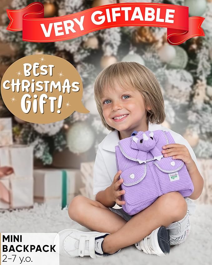 Purple Dinosaur Triceratops Mini Backpack for Kids, Mini Backpack for Toddler Girls, Gift for 2 3 4 5 Year Old Girl Boy