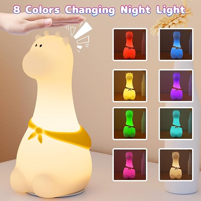 Silicone Night Light for Kids – Rechargeable Tap Control Lamp with 8 Colors, Cute Animal Design for Nursery, Toddler Room Decor, Gifts for Girls and Boys (Giraffe)