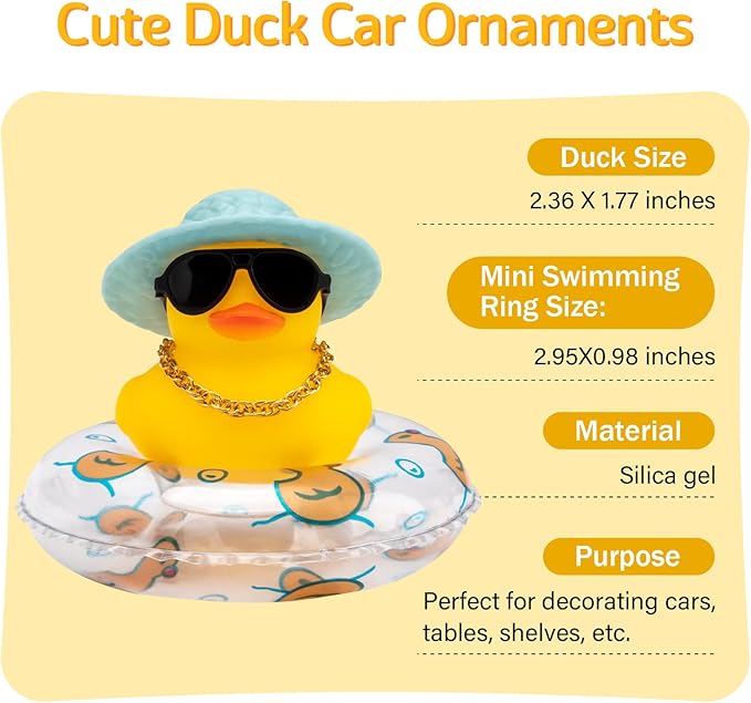 wonuu Car Rubber Duck, Yellow Duck Decoration Dashboard with Sun Hat Swim Ring Necklace Sunglasses for Car Dashboard Decorations