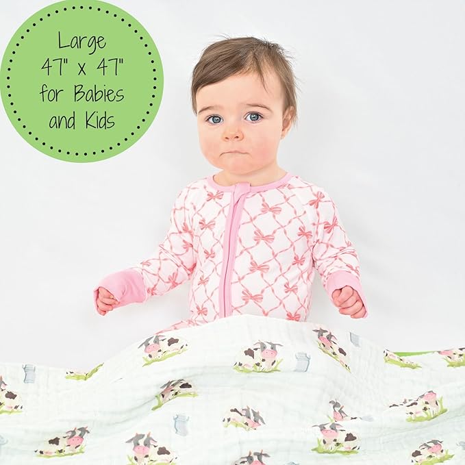 LollyBanks Muslin Baby Blanket 100% Organic Cotton, Muslin Quilt Lightweight, 6 Layers Baby Blankets 47"x 47", Toddler Blanket for Boy and Girl, Nursery Receiving Blankets (Cows Print)