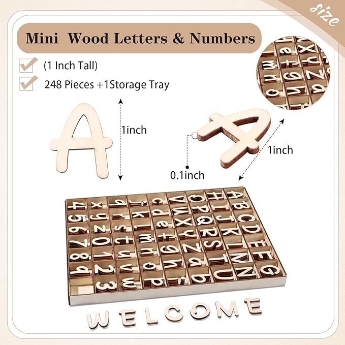 Geelin 248 Pcs 1 Inch Wood Alphabet Letters Numbers with Storage Box Blank Unfinished Wooden Letters Numbers with Rustic Storage Tray for Spelling Learning Education DIY Crafts