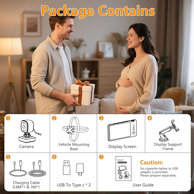 Wireless Baby Car Camera 5”HD 1080P IPS Anti-Glare Screen USB Powered,Temperature Alert, Clear Night Vision & VOX Mode,360° Rotatable Rear Facing Monitor Baby Essentials Shower Gifts for Home Pets