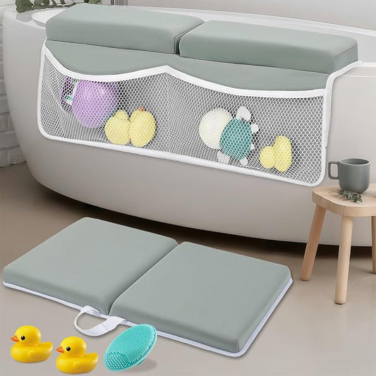 Baby Bath Kneeler and Elbow Rest Pad Set | Bath Kneeling Pad for Bathing Baby with Toy Organizer Pockets，Soft Non-Slip Baby Bathtub Mat for Baby Bathing，Gifts for Parents
