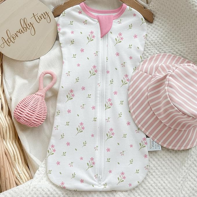 Baby Swaddle 0-2 Months, Cotton Arm-In Zipper Sleep Sack, Wearable Blankets Wrap for Newborn Infant Girls (Floral, Checkered, Pack of 2)