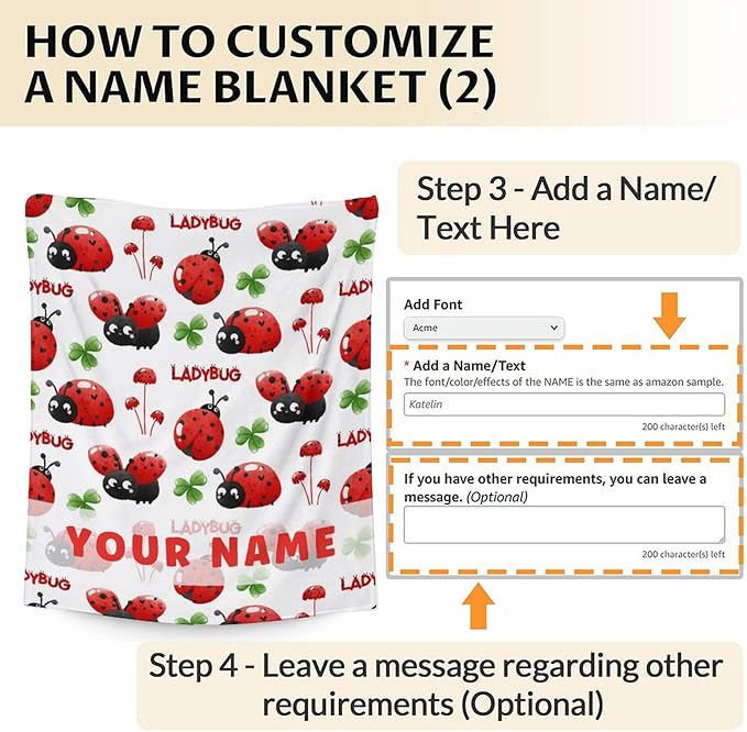 Custom Ladybug Gifts with Name - Kids Blanket for Ladybug Lovers - 30 x 40 Inches Lap Size White Cute Flannel Throw Blanket Stuff for Crib, Nap