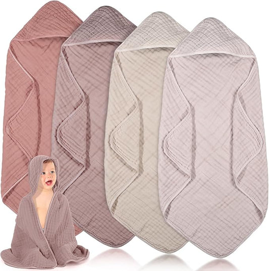 Peryiter 4 Pcs Muslin Hooded Baby Towels, 32"x 32" Cotton Newborn Bath Towel Muslin Infant Baby Blankets Absorbent Unisex Christmas Registry Gift Essentials for Girls Boys (Beige Series)