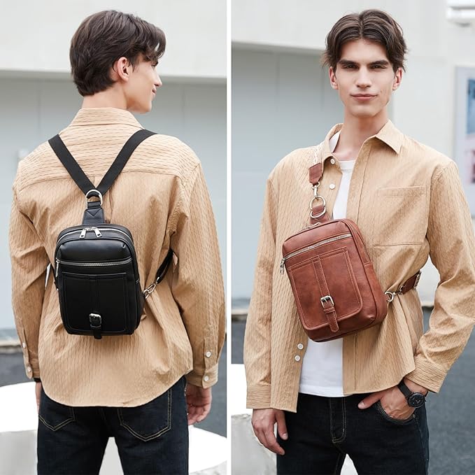 Sling Bag Crossbody Backpack - 2 in 1 Leather Cross Body Bag Fanny Pack with 2 Removable Straps