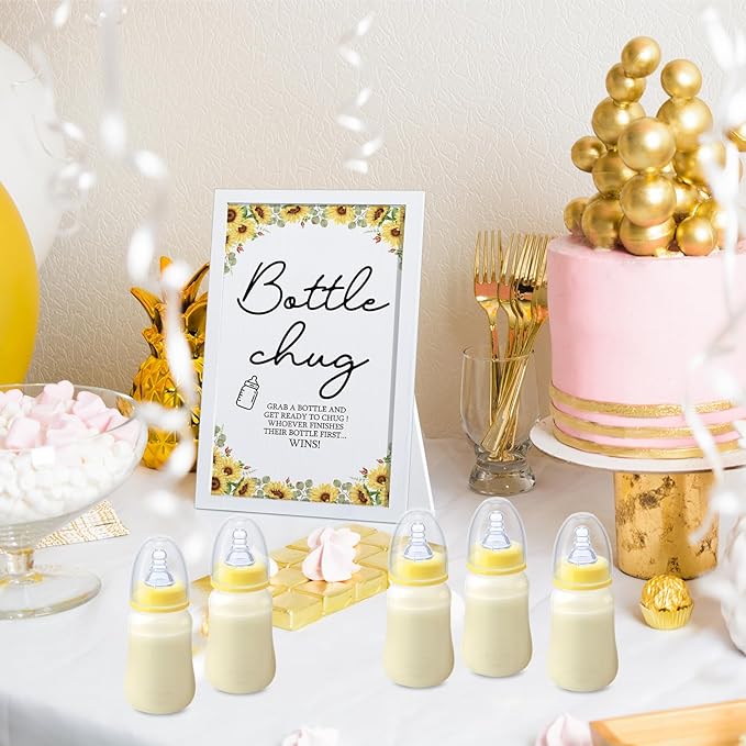 Roowest Bottle Chug Baby Shower Game Favors Including Sunflower Theme Wooden Sign and 18 Pcs Baby Bottles for Gender Reveal Party Supplies