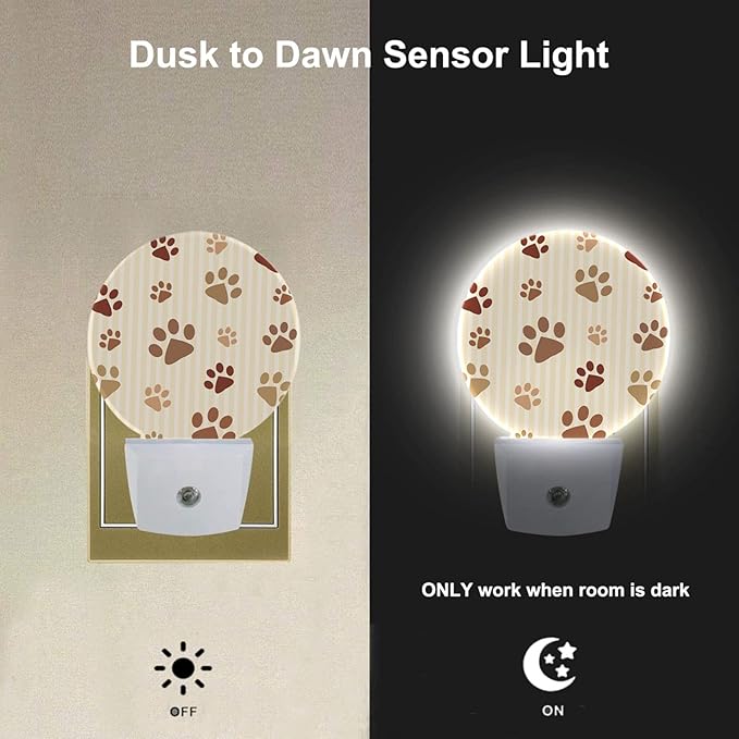 EKOBLA Paw Print LED Night Light Dog Cat Paws Brown Animal Footprint Dusk to Dawn Plug-in Nightlights Auto Sensor for Home Indoor Bathroom Hallway Kitchen