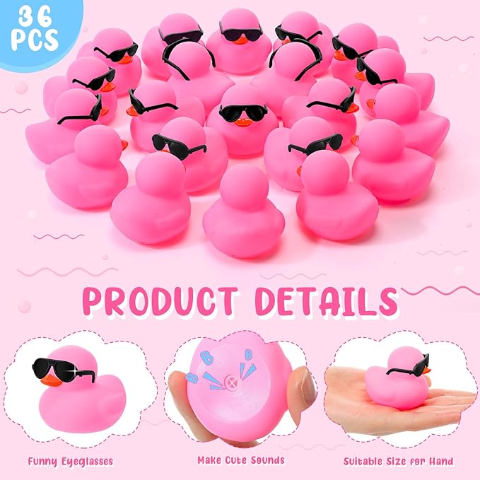 Sosation 36 Packs Mini Rubber Ducks with Sunglasses Sets 2.2 Inch Bath Squeaky Rubber Duckies Cute Float Bathtub Toys for Christmas Birthday Party Favors Class Prizes Car Decor(Pink)