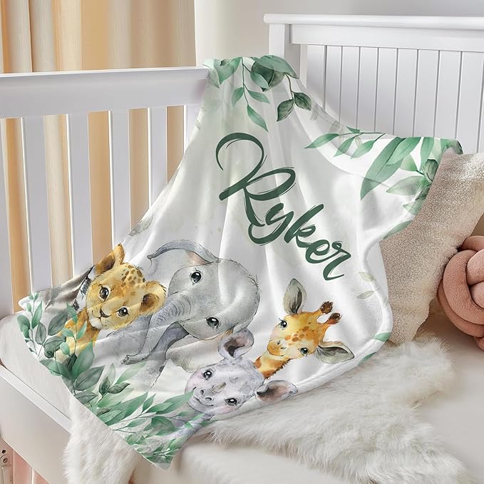 J&SBGFT Personalized Baby Blanket - Custom Baby Blanket with Name - Receiving Blankets for Toddler's Nursery, Stroller, Crib; Safari Animal