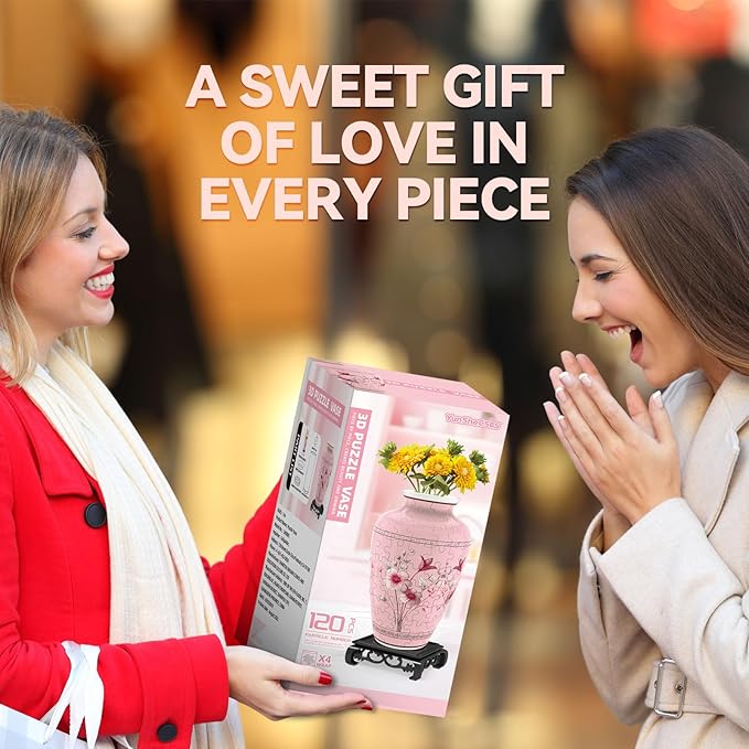 3D Puzzles Vase for Adults, Crafts for Adults, 120 Pieces Plastic DIY Unique Flower Vase with LED Light House Warming Gift Birthday Gifts for Flower Arrangements and Home Decor (Pink)