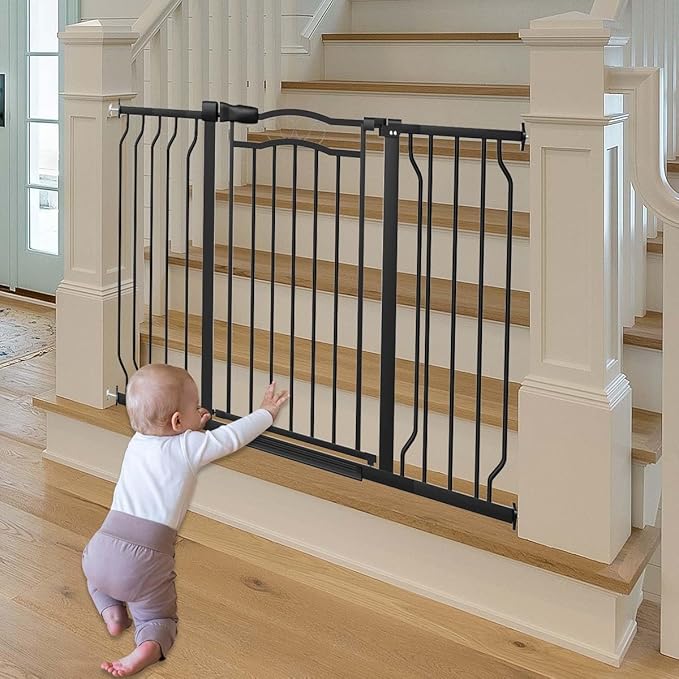 Fairy Baby 62.5"-71.6" Extra Wide Long Pet Dog Gate for The House, Baby Safety Child Gate for Stairs Doorways Garden, Pressure Mounted Toddler Gate, Metal Auto Close Large Pet Gate Walk Thru, Black