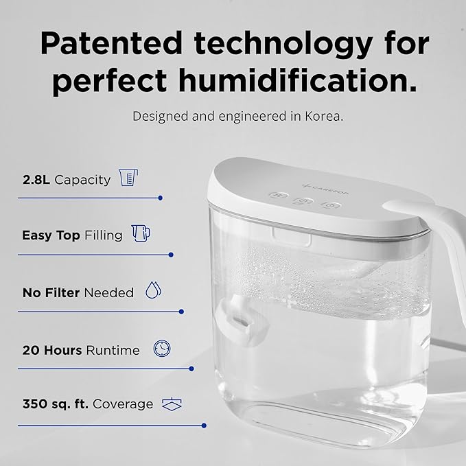 Carepod Mini Ultrasonic Cool Mist Humidifier for Bedroom, Quiet & Safe for Baby, Transparent, Only 3 Washable Parts & Easy to Clean, Filter-Free, Automatic Shut-off, Lasts 20Hrs (0.74Gal/2.8L)