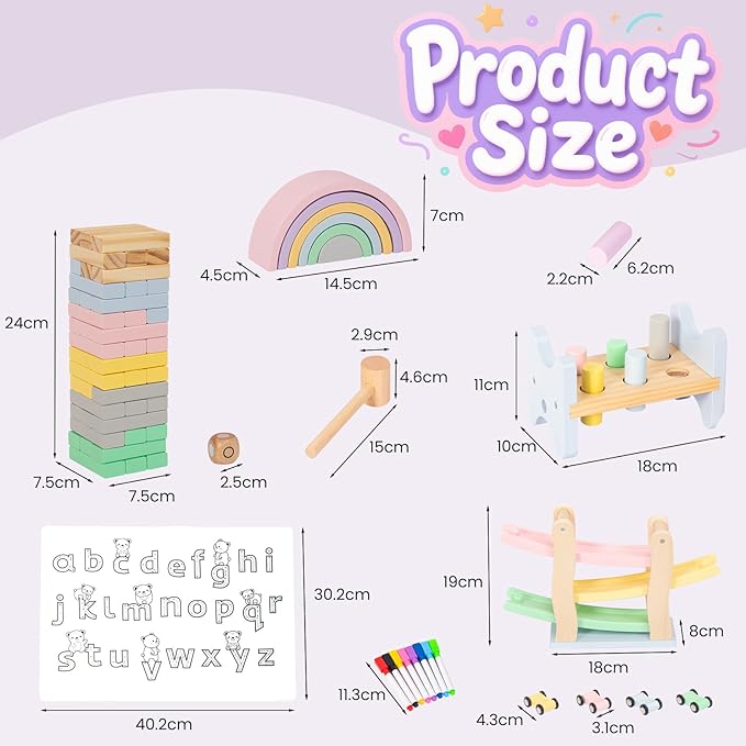 Wooden Toys for Kids, 5 in 1 Learning Educational Set (Includes Rainbow Stacker, Hammering Pounding, Race Track, Tumbling Tower Blocks, Alphabet Writing)- Gift for Boys Girls