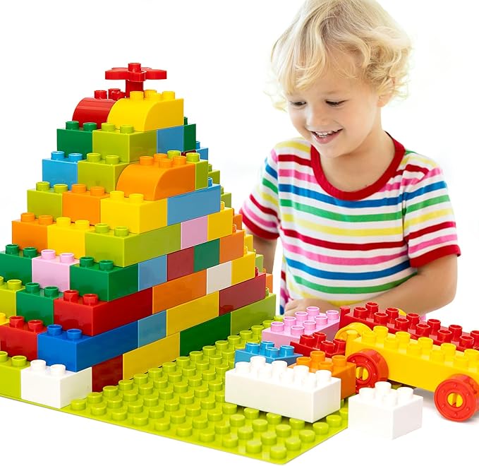 Large Building Blocks for Kids Toddlers, 161PCS Big Building Bricks with 10"x10" Large Baseplates - Compatible with Major Brands Blocks, Birthday Gfits for Toddler Kid, 9 Color/13 Shape