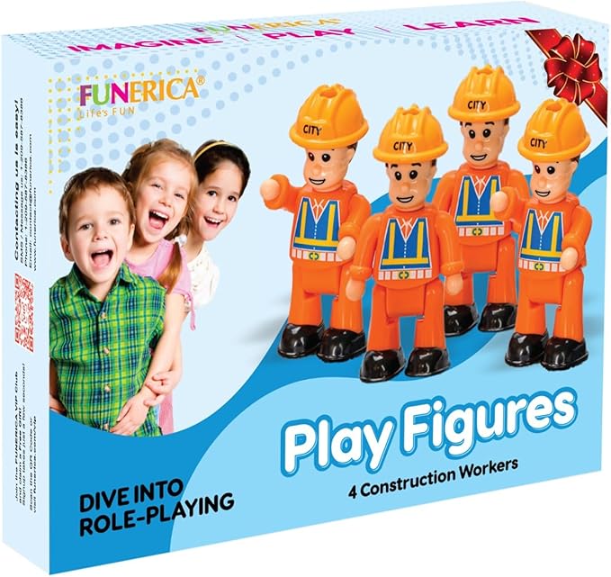 FUNERICA Construction Workers Toy Figurines - Miniature People Figures - 4-Pack