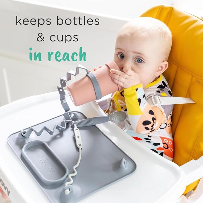 Busy Baby Bottle Bungee - Sippy Cup Strap - Keeps Bottles and Sippy Cups Off The Floor - Food Grade Silicone - Dishwasher Safe (Blue)