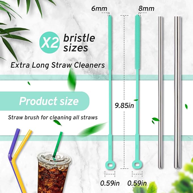 Reusable Silicone Straw Brush,Straw Cleaner,Pipe Cleaners,Extra Long Cleaner Brush for Cleaning Bottle Metal Glass Straws Drink Lid,Straw Cover,Smoothie Straw,Drinking Mint Green 6mm+8mm