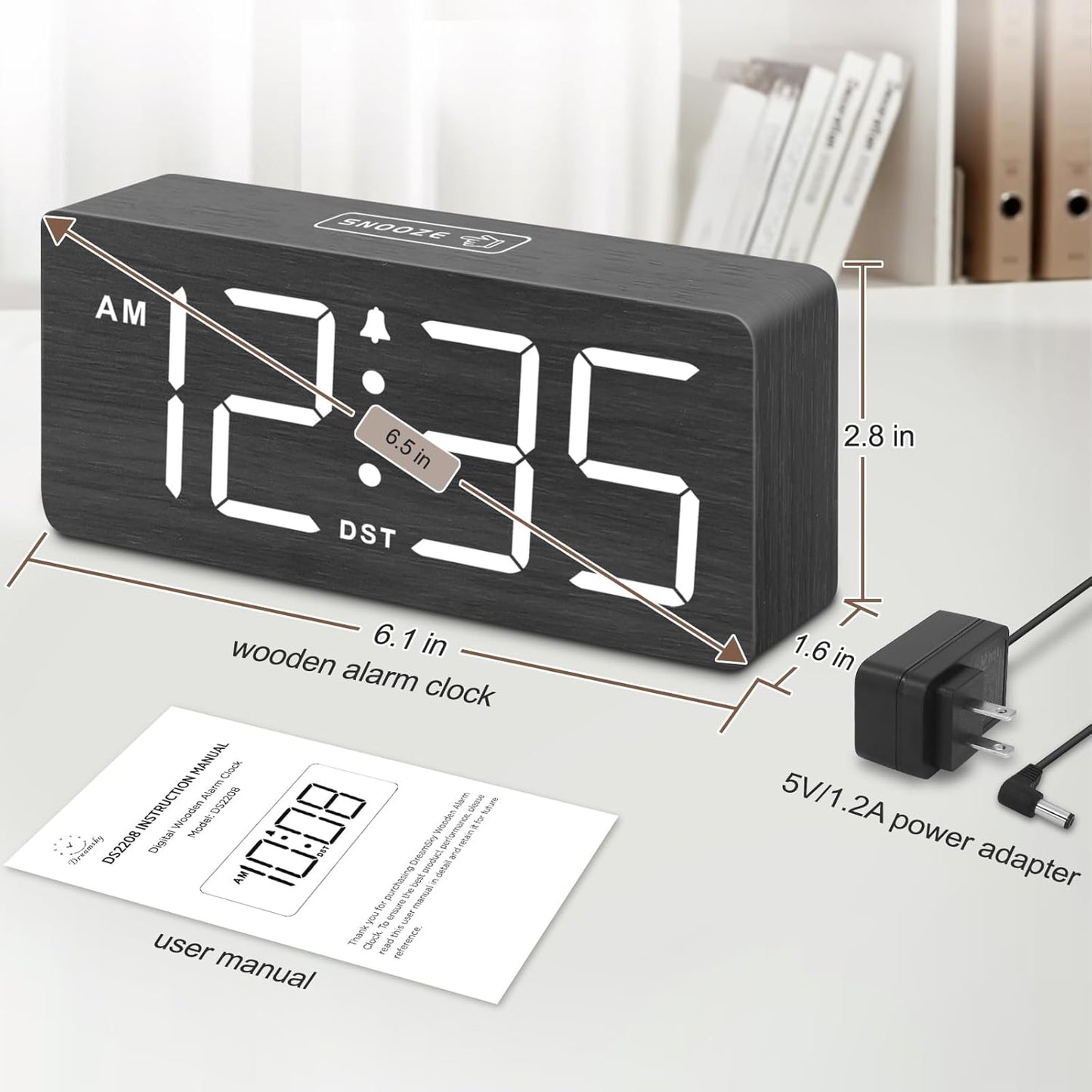 DreamSky Wooden Digital Alarm Clock for Bedroom - Loud Alarm Clock for Heavy Sleepers with Volume Control, Desk Clocks for Living Room with Large Numbers, Dimmer, DST, Wood Decor (Adapter Powered)