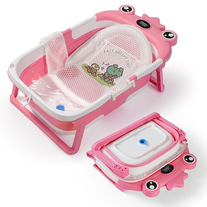 Baby Bathtub,Collapsible Baby Bath Tub with Soft Cushion & Thermometer, Space Saving Foldable & Travel Newborn Bathtub for Infant to Toddler 0-36 Months, Frog Pink
