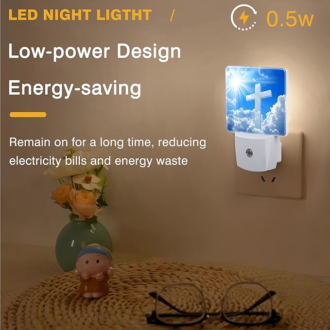 Night Light White Cross in Cloudy Sky Night Lights Plug into Wall Smart Dusk to Dawn Sensor 0.5W Energy Efficient Led Lamp for Men Women Bedroom Bathroom Hallway Stairway Decor
