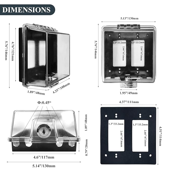 2-Gang Baby Safety Dual Outlet Cover Box - Fit 1.3“ x 2.66”, Easier Operation, Simple 4 Step Install,Provides Extra Space Inside for Plugs,Adapters,4.53" high x 4.35" Wide x 2.52" deep