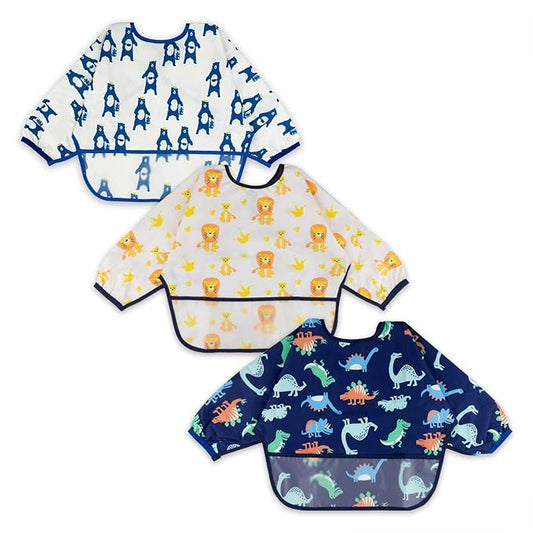 Baby Noah 3 Pack Long Sleeve Bib, Toddler Mess Free & Waterproof Shirt Bibs, Reusable Bib with Pocket, Adjustable Fits Ages 6-12 Months