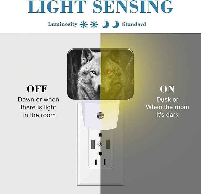 Black White Wolf Night Light for Kids Girls Boys, Red Blue Eyes Wolf LED Night Light Plug into Wall with Dusk to Dawn Sensor for Bedroom, Hallway, Kitchen, Bathroom, Stairs Decor