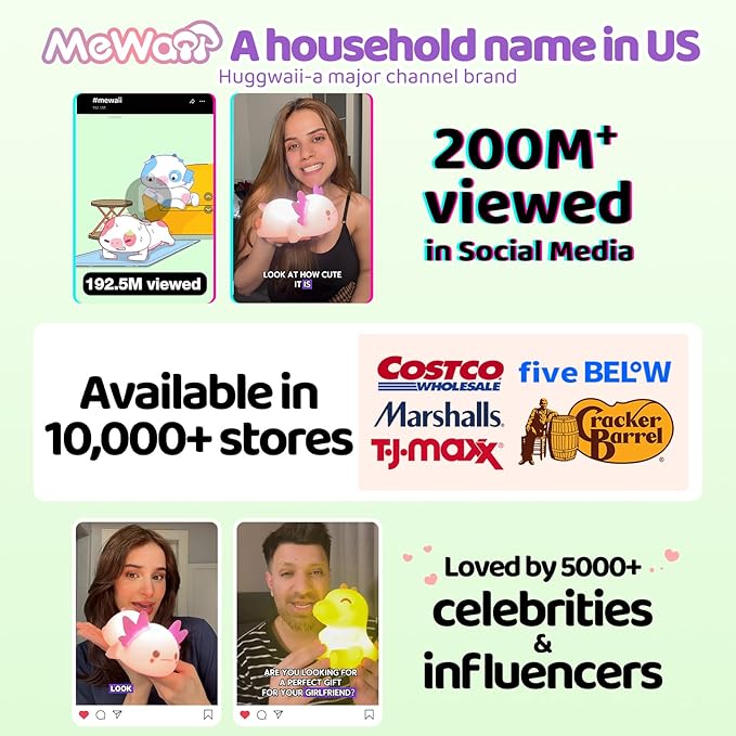 Mewaii Huggwaii Squishy Axolotl Night Light for Kids – Dimmable Silicone Axolotl Lamp, 2025 Upgraded Design, 20H Battery Life Rechargeable Lamp,Safe Sleep Aid Gift for Toddlers, Girls&Baby Room Decor