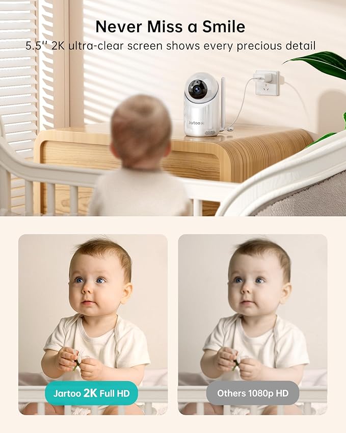 Jartoo 2K Video Baby Monitor with 2 Cameras and Audio, 1860ft Long Range Baby Monitor No WiFi, 5.5" Split Display, VOX - AI Cry Detect, ANR, IR Night Vision, 2-Way Audio, 6000mAh