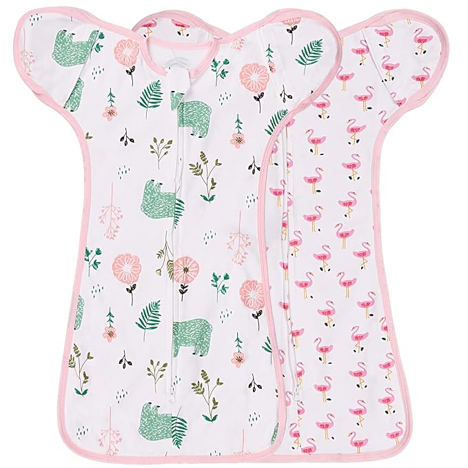 2 Pack Transition Swaddle with 2 Way Zipper, 2 in 1 Arms in/Out Transitional Arms Up Swaddle, 100% Cotton Newborn Swaddles Zipper Swaddles Baby Swaddling Sack Sleep Sack 3-6 Months, Flamingo & Bear