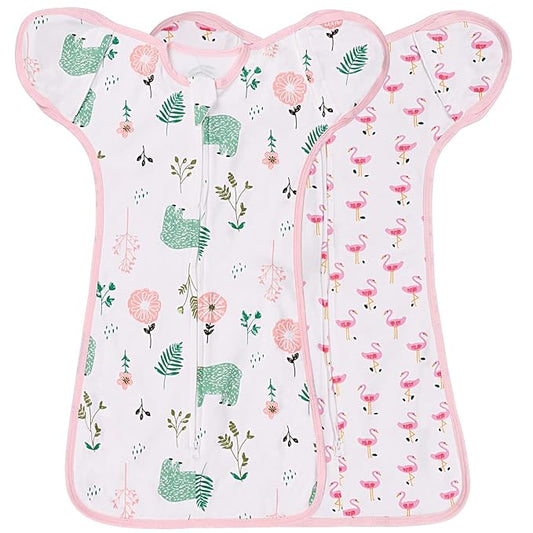 2 Pack Transition Swaddle with 2 Way Zipper, 2 in 1 Arms in/Out Transitional Arms Up Swaddle, 100% Cotton Newborn Swaddles Zipper Swaddles Baby Swaddling Sack Sleep Sack 3-6 Months, Flamingo & Bear