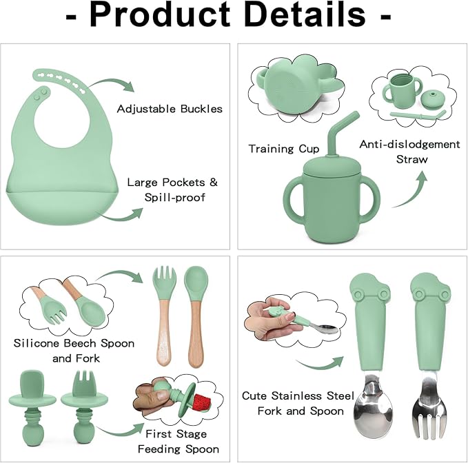 Silicone Baby Feeding Set 10Pcs, Toddler Plates with Suction Baby Bowls, Silicone Bibs for Babies, Toddler Cup, Baby Spoon & Fork, Baby Utensils Feeding Essentials for Starting Solids