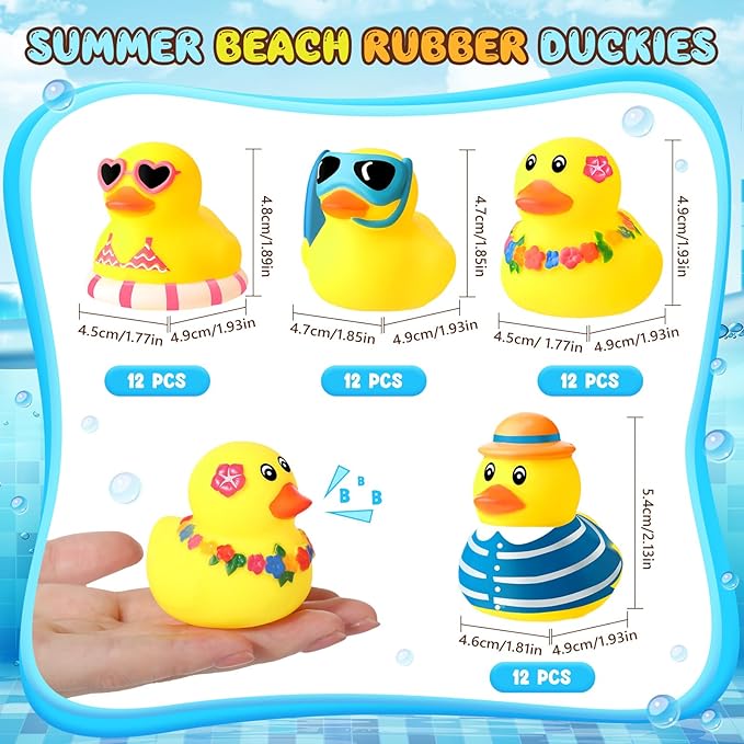 Honoson 48 Pcs Summer Beach Rubber Duckies Bulk Mini Rubber Duck Bath Toys Float Bathtub Ducky Cute Squeaky Ducky for Classroom Carnival Summer Birthday Baby Shower Party Favor