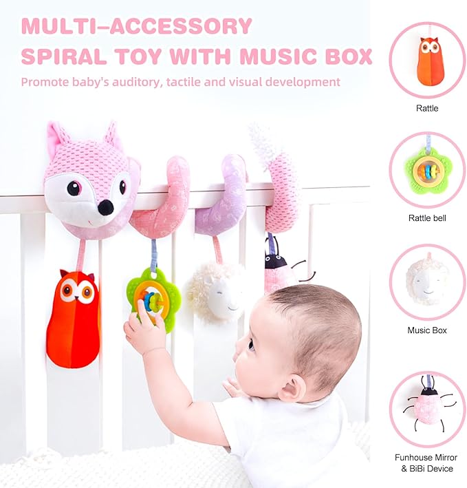 Jollybaby Crib Stroller Car Seat Toys for Baby 0-3-6-9-12 Months, Tummy Time Hanging Sensory Toys for Newborn with Music Box and Teether, Spiral Carseat Toy for Infant Boys Girls Gifts (05-Pink Fox)