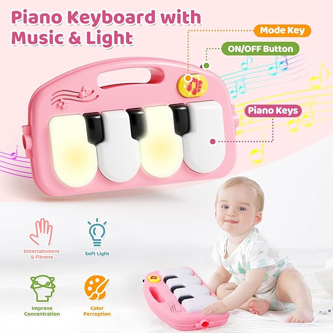 2 in 1 Baby Gym Play Mat with Walker, Kick and Play Piano Gym Activity for Boys Girls, Musical Activity Center Tummy Time Mat for 0-3-6-12-18 Months, Learning Walker Play Gym for Infant Toddler Gift