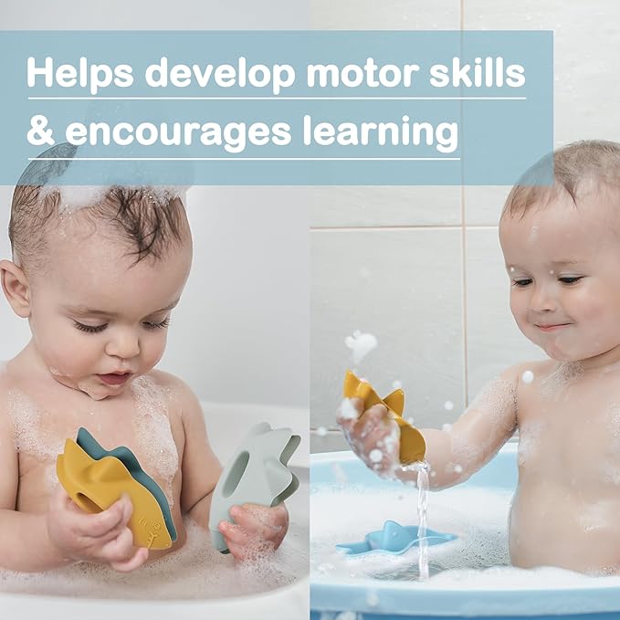 Bessentials Silicone Stackable Baby Shark Boat Bath Toys Set, Mold-Free Floating Bathtub Toys for Baby & Toddler,BPA Free,Set of 5