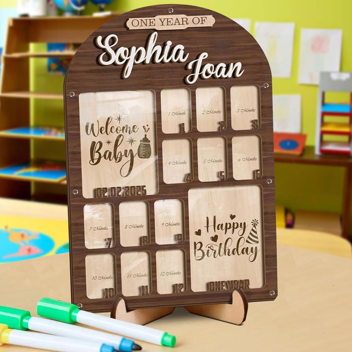 V-DECORPARKS Personalized My First Year Photo Frame | 12 Months Picture Frame For Baby First Year | Displays Two 4x6 Photo and Twelve 2x3 Pictures | Welcome Baby To Happy Birthday With Birth Stats