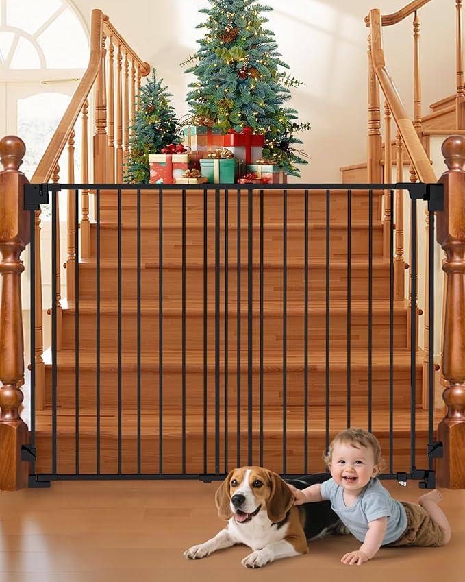 35-55" No Bottom Bar Baby Gates for Stairs, 39" Extra Tall Child Safety Gate with Auto Close Large Walk Thru Door, Hardware Mount Dog Gate Pet Gate for The House Doorways, Indoor Outdoor use
