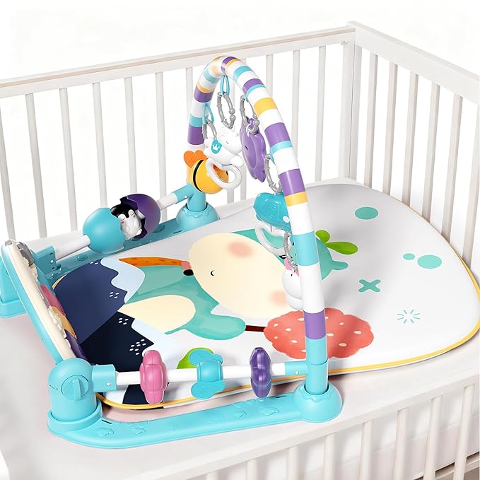 Baby Gym With Kick and Play Piano, Activity Mat for Tummy Time With 5 Infant Learning Sensory, Music and Lights for Newborn Boy or Girl (Green)