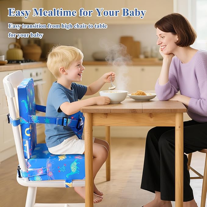 Toddler Booster Seat for Dining Table, Dinosaur Booster Seat for Table with Backrest and Adjustable Seat Belts Non-Slip Bottom Portable Booster Seat Increasing Cushion for Kid Baby Eating Travel Home