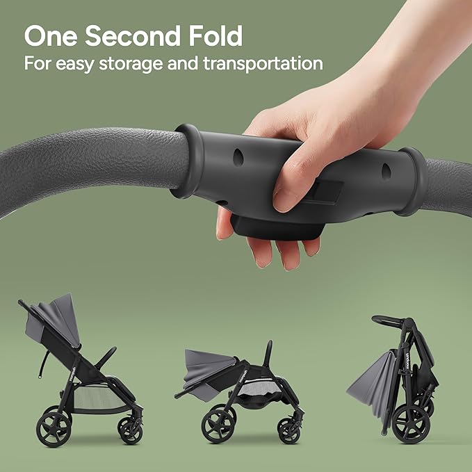 Mompush Nova Baby Stroller for Toddler, Infant & Newborn | Spacious Seat & Lie-Flat Mode | Compact One-Hand Fold, UPF 50+ Canopy & All-Wheel Suspension | Includes Rain Cover & Cup Holder, Grey