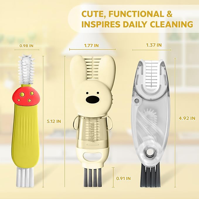 Cup Lid Cleaning Brush, Multifunctional Set with 3 in 1 Lid Cleaner and Two 4 in 1 Cup Lid Cleaning Brushes, Cleaning Brush Tool for Bottles, Straws, Tumblers, Travel Mug Caps, Portable Kit (Yellow)