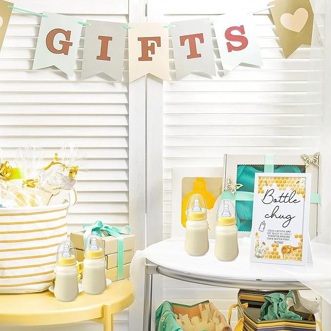 Roowest Bottle Chug Baby Shower Game Favors Including Bee Theme Wooden Sign and 18 Pcs Baby Bottles for Gender Reveal Party Supplies