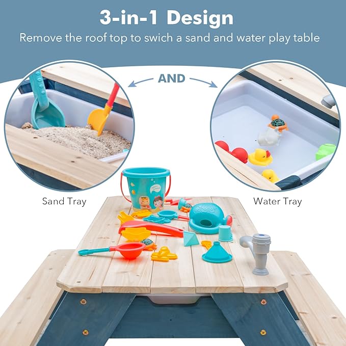 Kids 3-in-1 Sand & Water Activity Table, Wood Outdoor Convertible Picnic Table, 2 Play Boxes, Removable Top with Faucet, Picnic Table for Outdoor Backyard Patio Play (Blue/Navy)