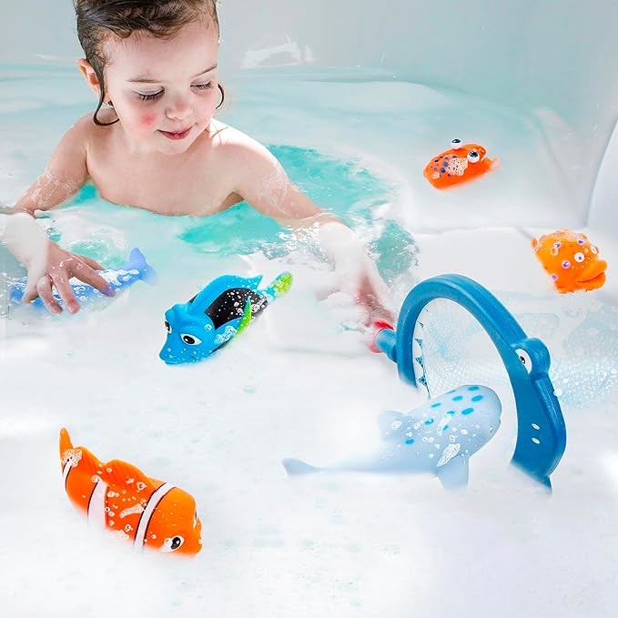 No Hole Mold Free Bath Toys for Toddlers 1-3, Water Toys for 6-12 Months Infants with Storage Bag, Baby Shark Toys for Pool, Bathtub, Beach, Shower, Tub, Kids Boys Girls