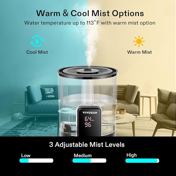 VIVOSUN 6L 2-in-1 Cool & Warm Mist Ultrasonic Humidifier with Essential Oil Box & Remote Control for Bedrooms, Offices, Plants, Dryness, and Skincare