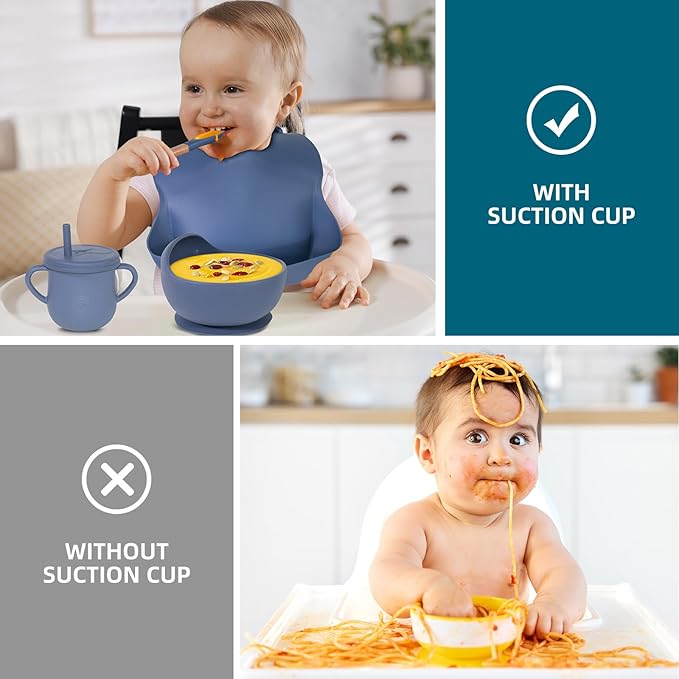 100% Silicone Baby Feeding Set, BPA Free Baby Dishes with Suction Bowl, Divided Plate, Toddler Self Feeding Dish Set with Spoons, Forks, Sippy Cup and Bib, Baby Eating Utensils (Navy Blue)